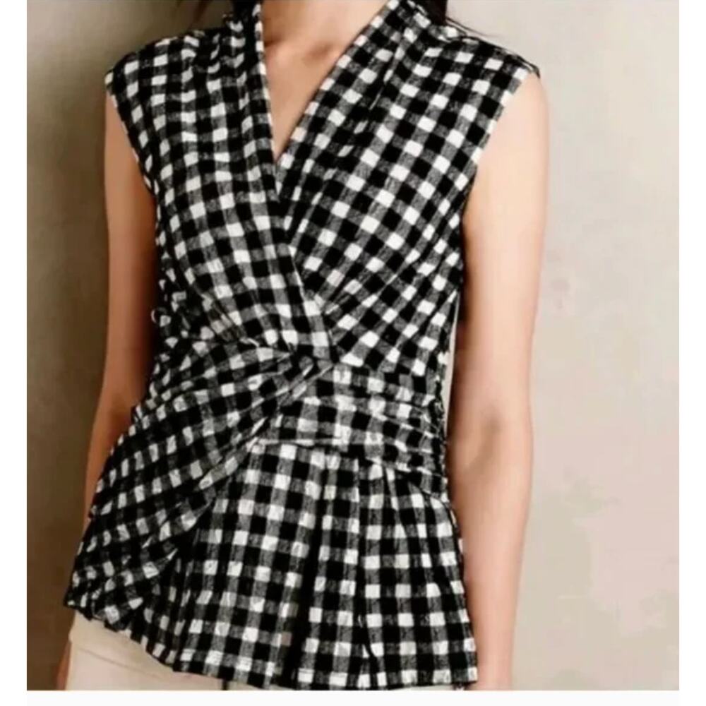 Anthropologie Deletta Delphine Gingham Plaid Lace Peplum Sleeveless Top Small